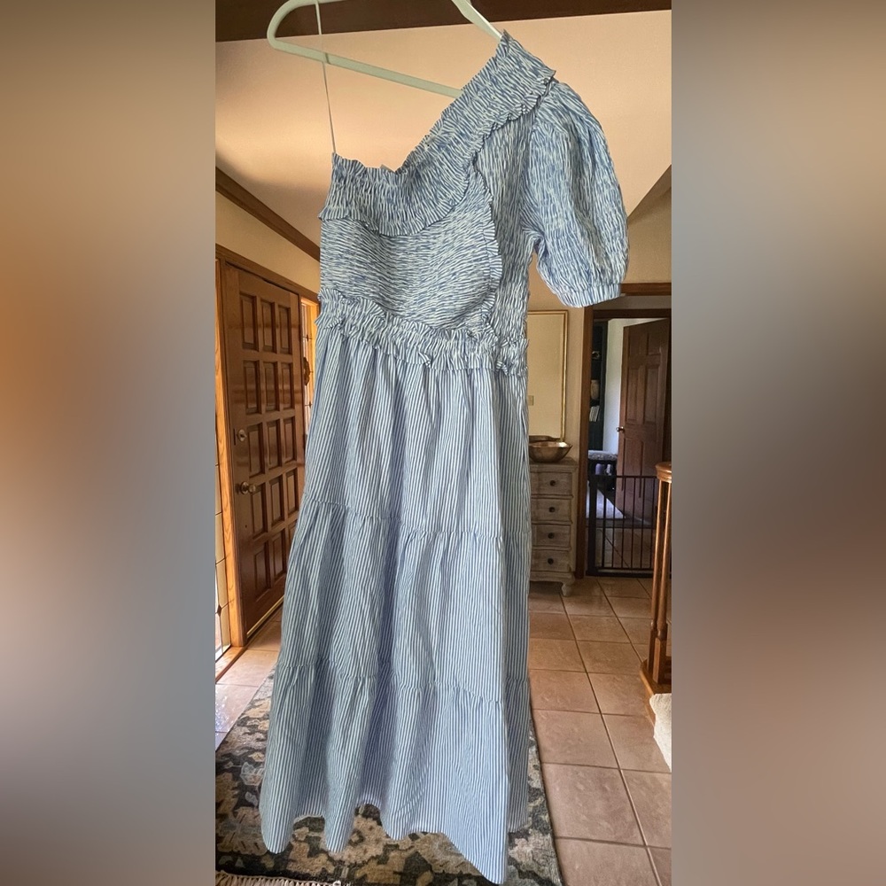 AUREUM NWT One-Shoulder Blue & White Striped Midi Dress from Avara